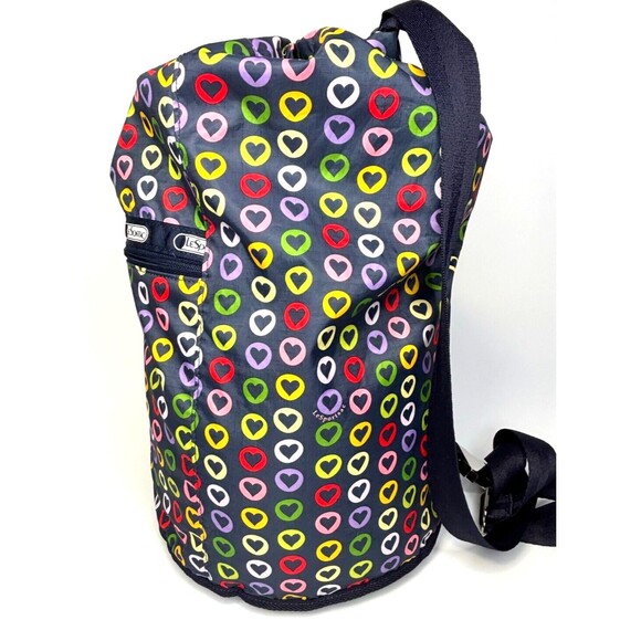 LeSportSac Sling Bucket Crossbody Bag Drawstring Top Reversible Hearts Navy EUC - Picture 2 of 16